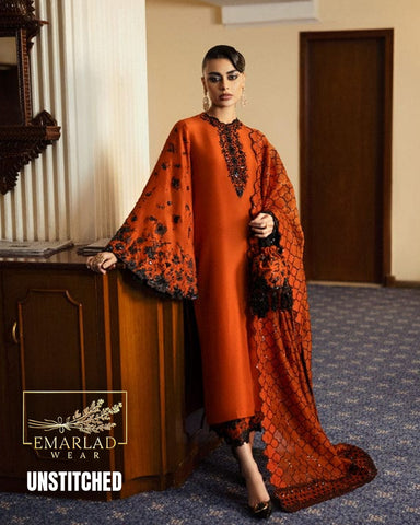 Hussain Rehar Rust Orange 3PC Unstitched Raw Silk Suit with Heavy Adda Work & Organza Dupatta