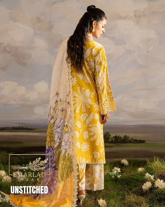 Mahnur Yellow Printed Lawn Suit with Heavy Embroidery & Chiffon Dupatta | 3PC Unstitched