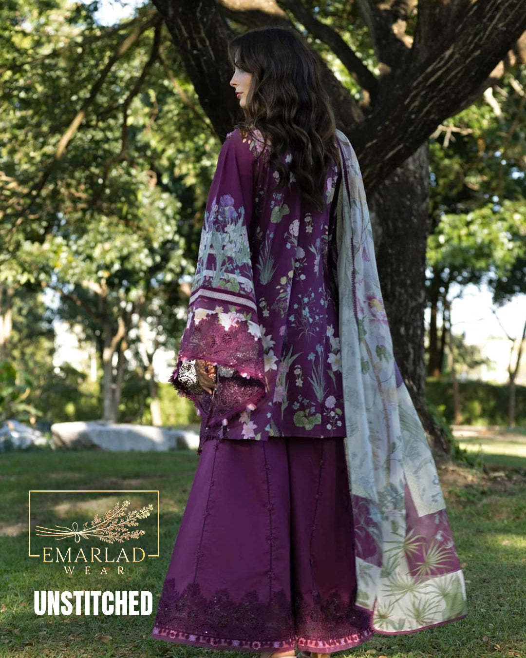 Elaaf Lawn Collection 2026 Dark Purple 3 Piece Unstitched Embroidered Lawn Suit with Printed Chiffon Dupatta
