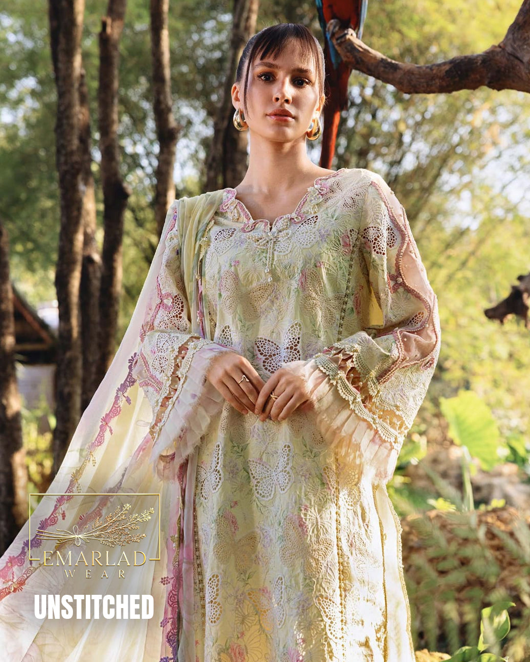 Maria B 2026 Laser Butterfly Lawn Suit Lemon with Chiffon Printed Dupatta 3PC