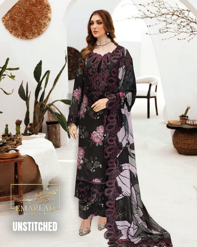 Ramsha Black Lawn 3PC Suit 2025 – Chiffon Dupatta | Unstitched Lawn