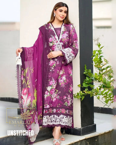 Aneelas Purple Lawn 3PC Suit with Embroidered Chiffon Dupatta