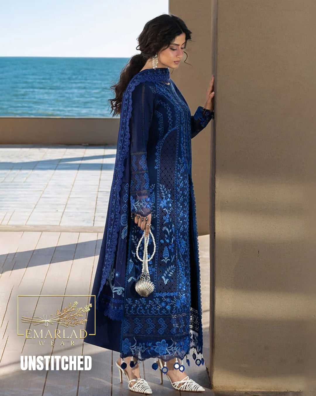 Mahnoor Blue Luxury Lawn Suit 2026 – 3PC Embroidered Dress