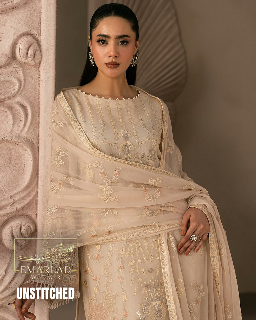 Zarish Atelier Soft Cream Luxury Formal Chiffon Suit Design 2580