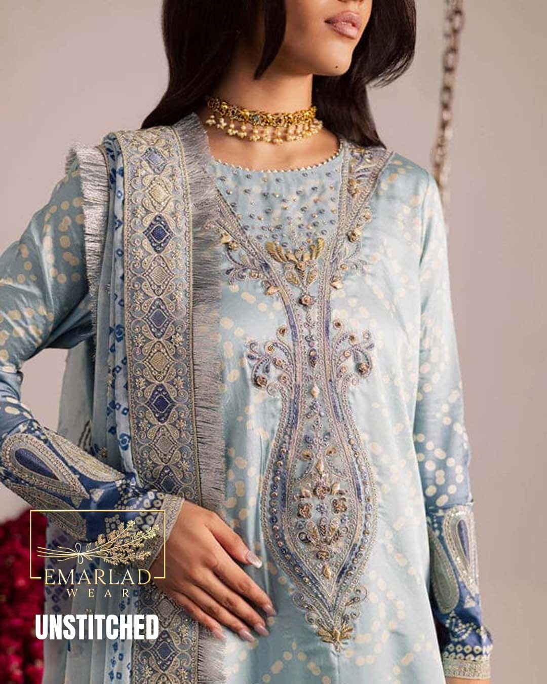 Nureh Blue & Grey Lawn Suit with Chiffon Embroidered Dupatta