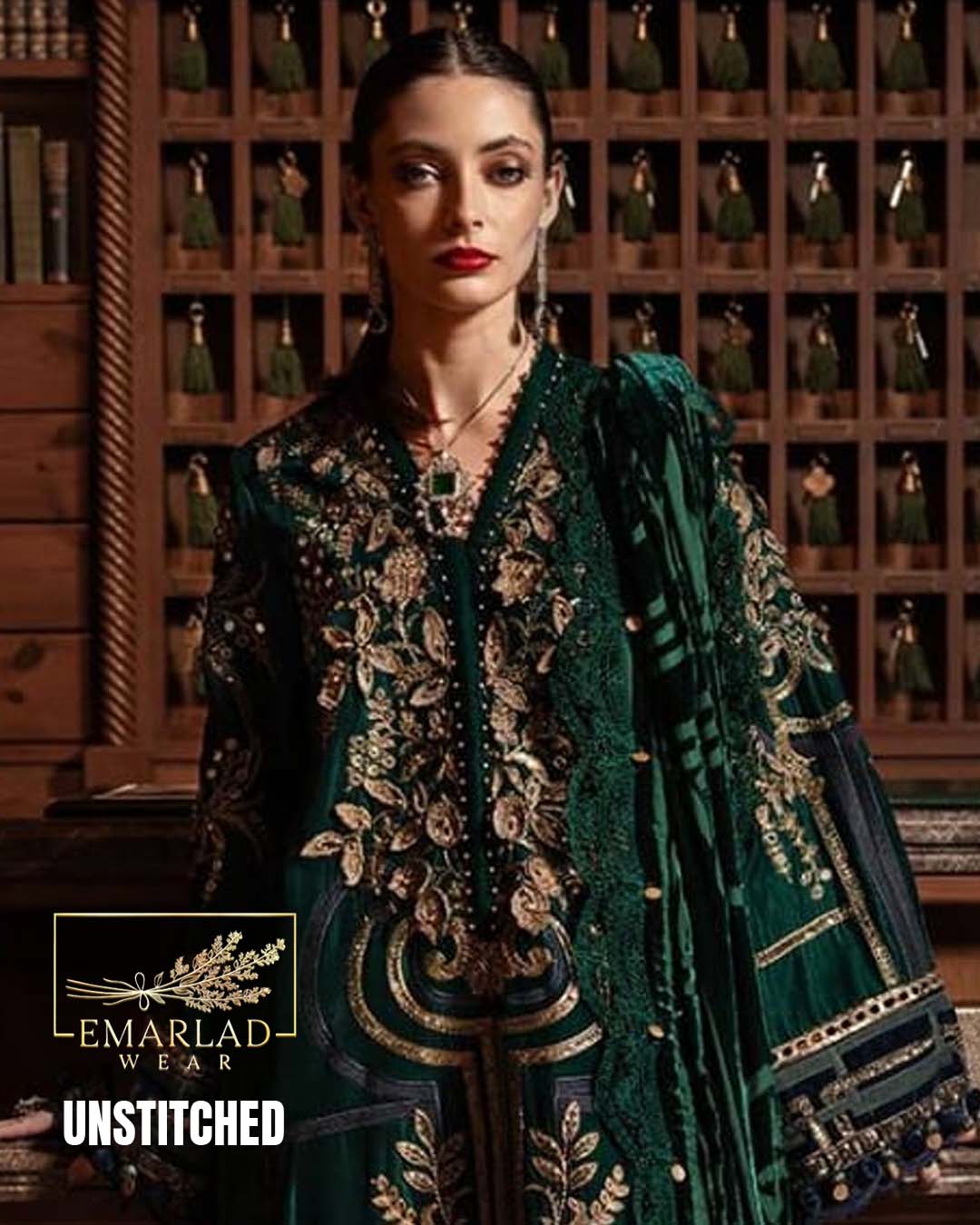 M.B Green Velvet Plachi 3 Piece Suit with Shawl Dupatta