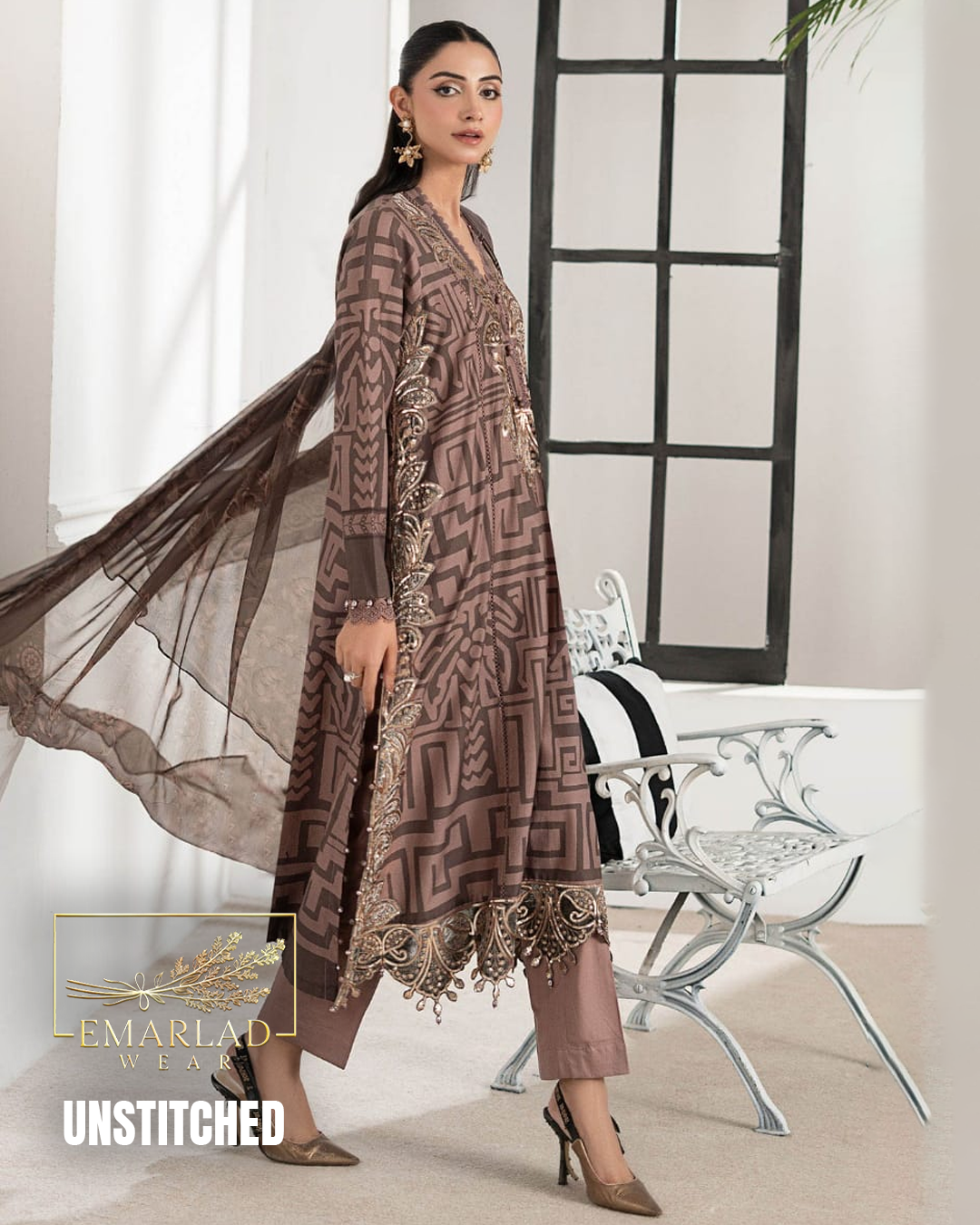 M.B Box Brown Lawn 3PC Suit – Chiffon Embroidered Dupatta