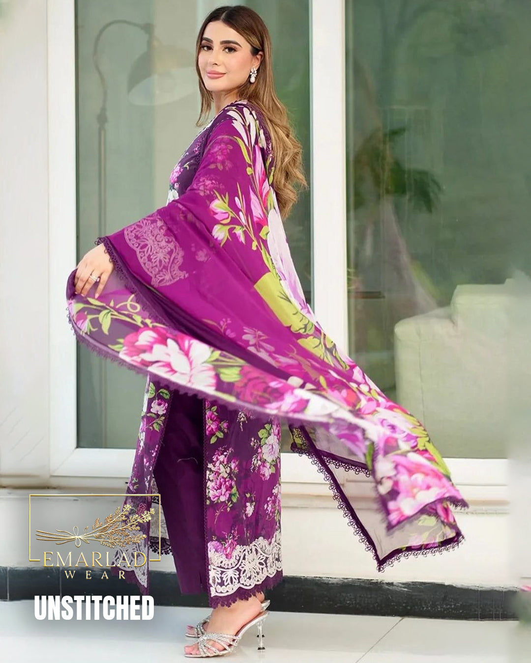 Aneelas Purple Lawn 3PC Suit with Embroidered Chiffon Dupatta