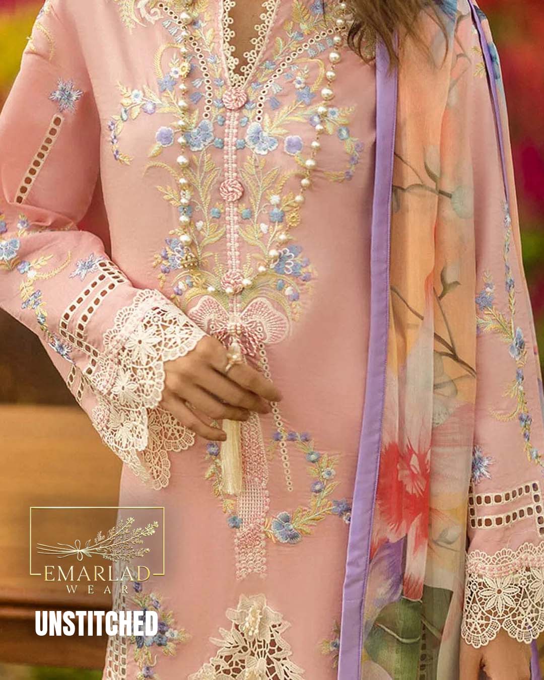 Mushq Peach Cotton Chicken Kari Suit with Semi-Pure Silk Dupatta