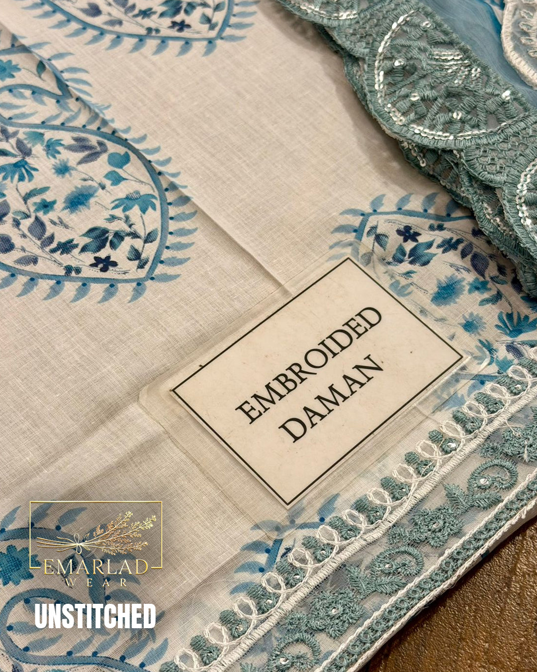 Maria B Kairy White n Blue Lawn Suit with Chiffon Embroidered Dupatta & Printed Trouser