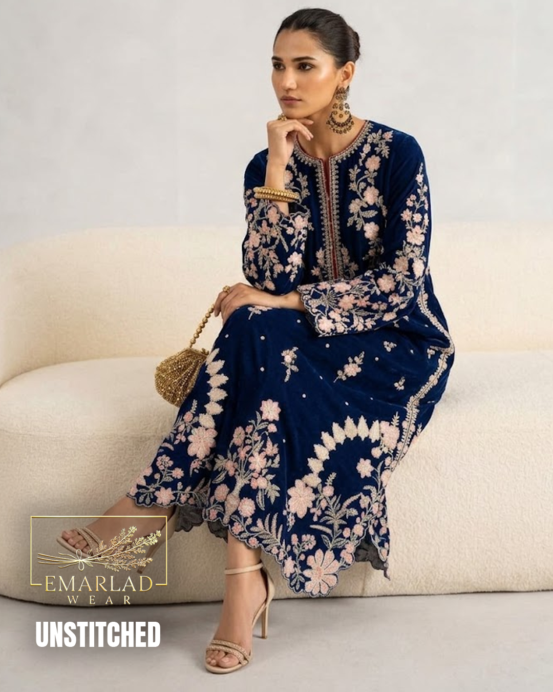 Ethnic Navy Blue 2 Piece Silk Kaftan Unstitched Suit