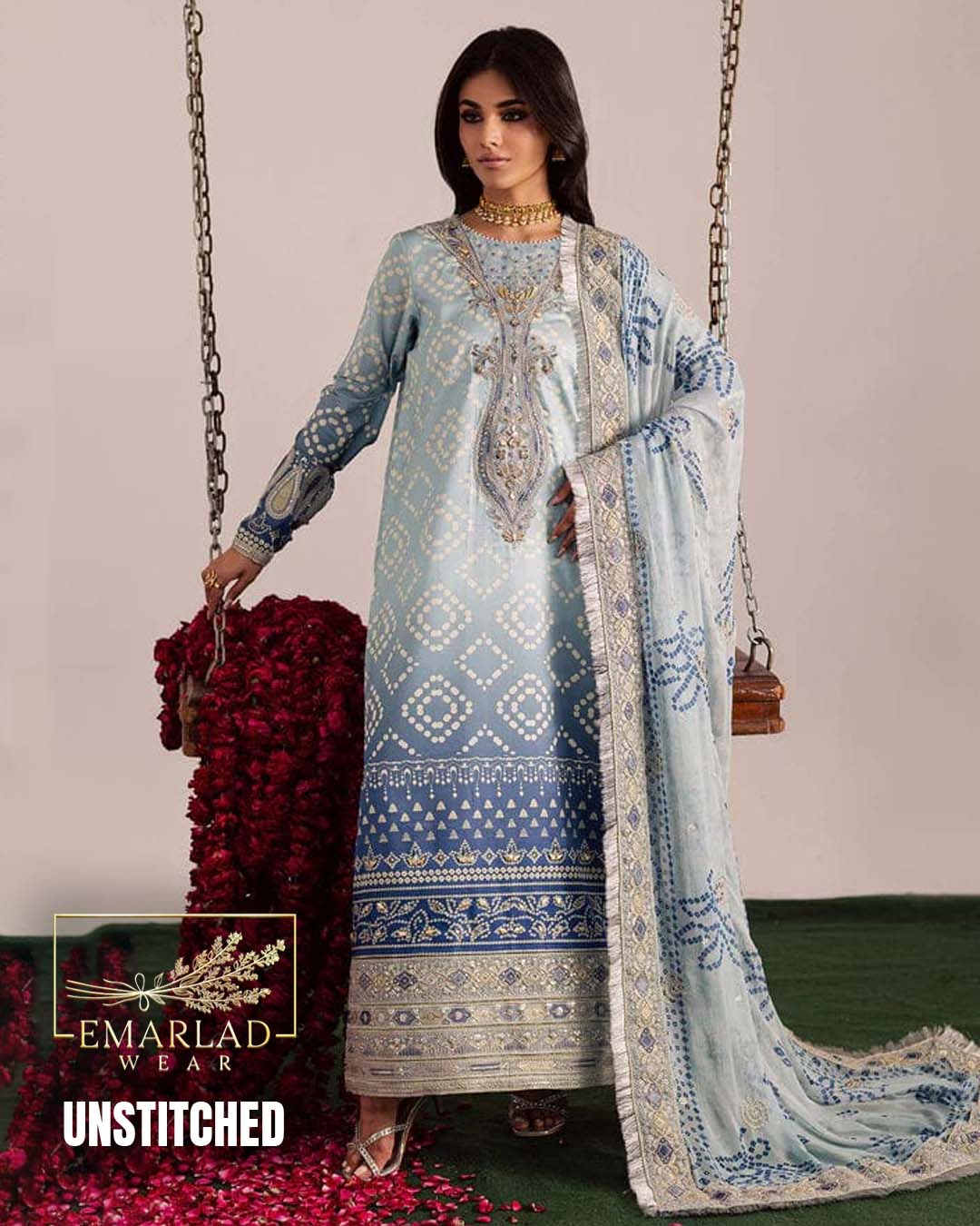 Nureh Blue & Grey Lawn Suit with Chiffon Embroidered Dupatta