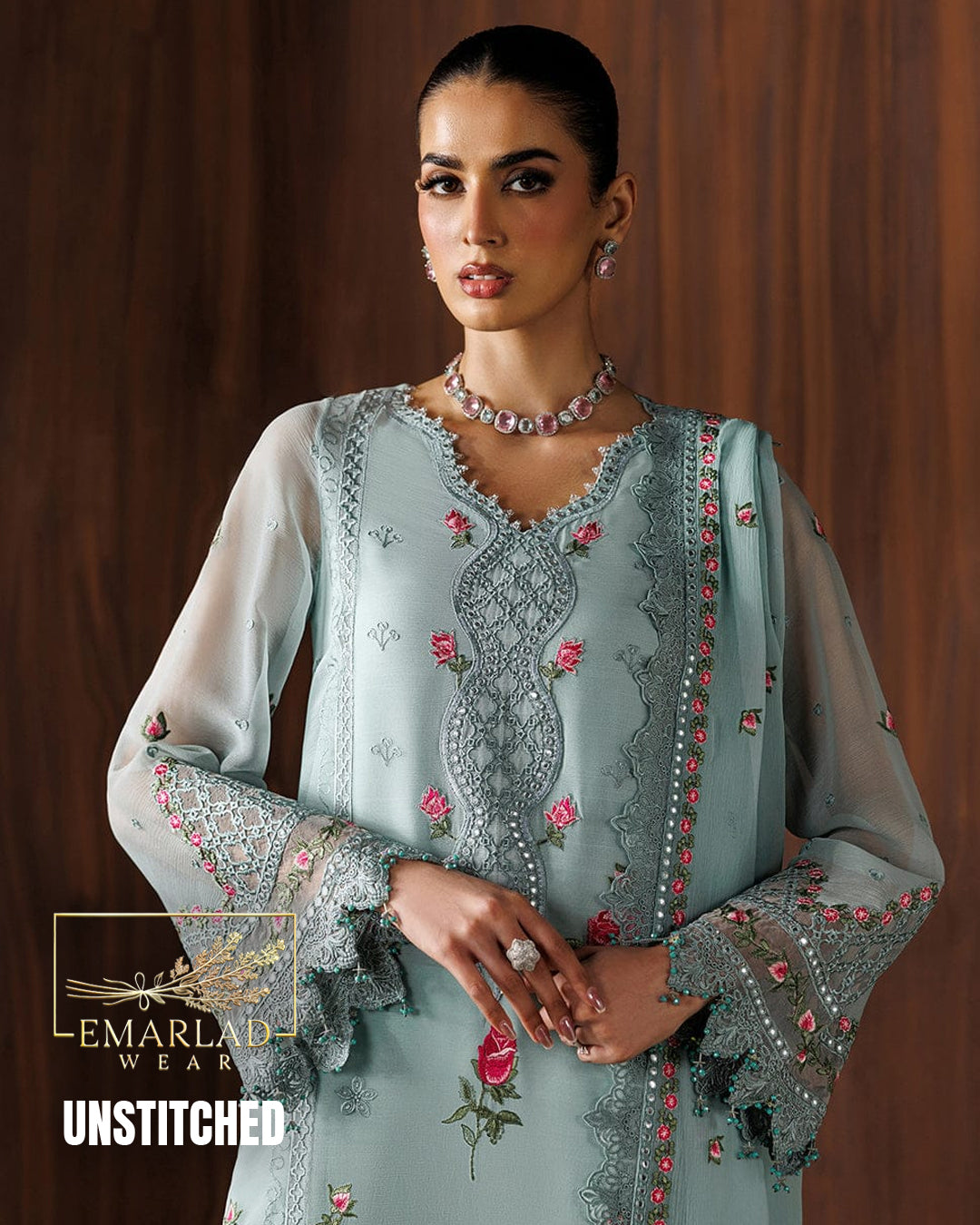 Baroque Sky Blue Chiffon Embroidered 3 Piece Suit