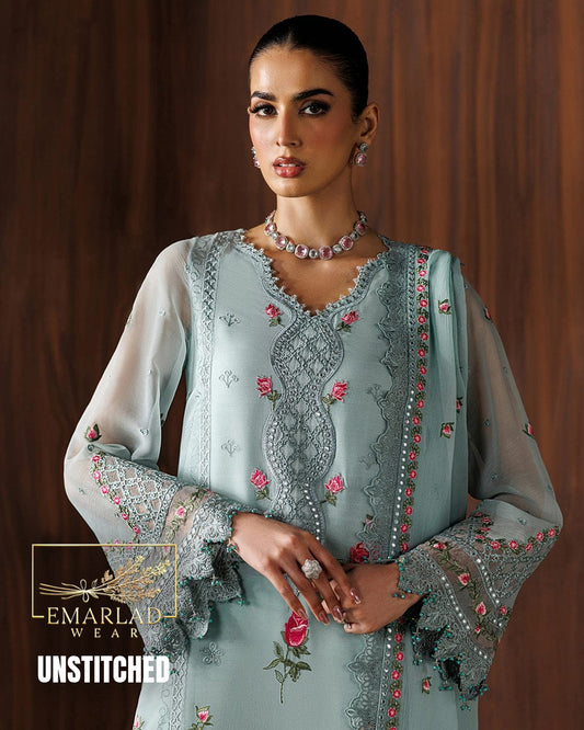 Baroque Sky Blue Chiffon Embroidered 3 Piece Suit