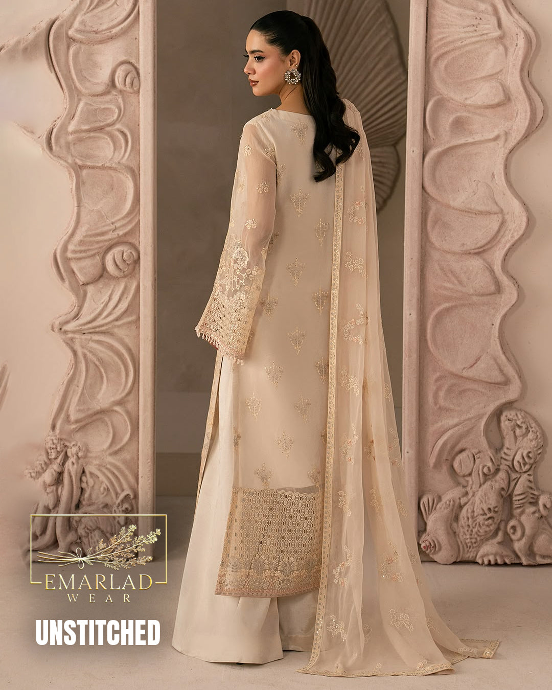 Zarish Atelier Soft Cream Luxury Formal Chiffon Suit Design 2580