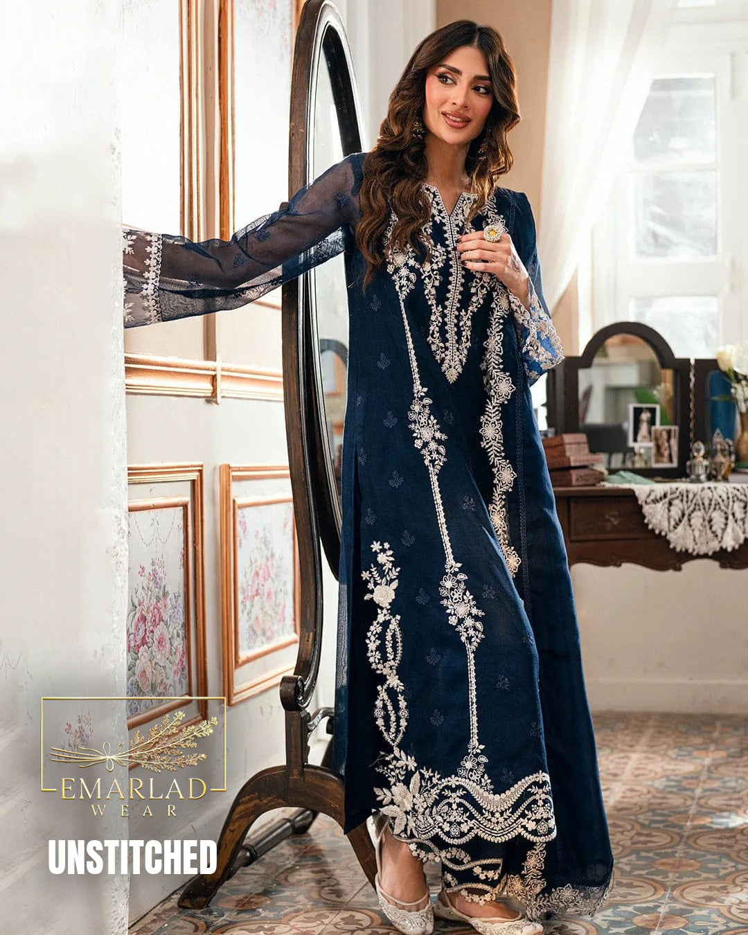 Azure Embroidered Chiffon 3 Piece Suit Design No. 2542