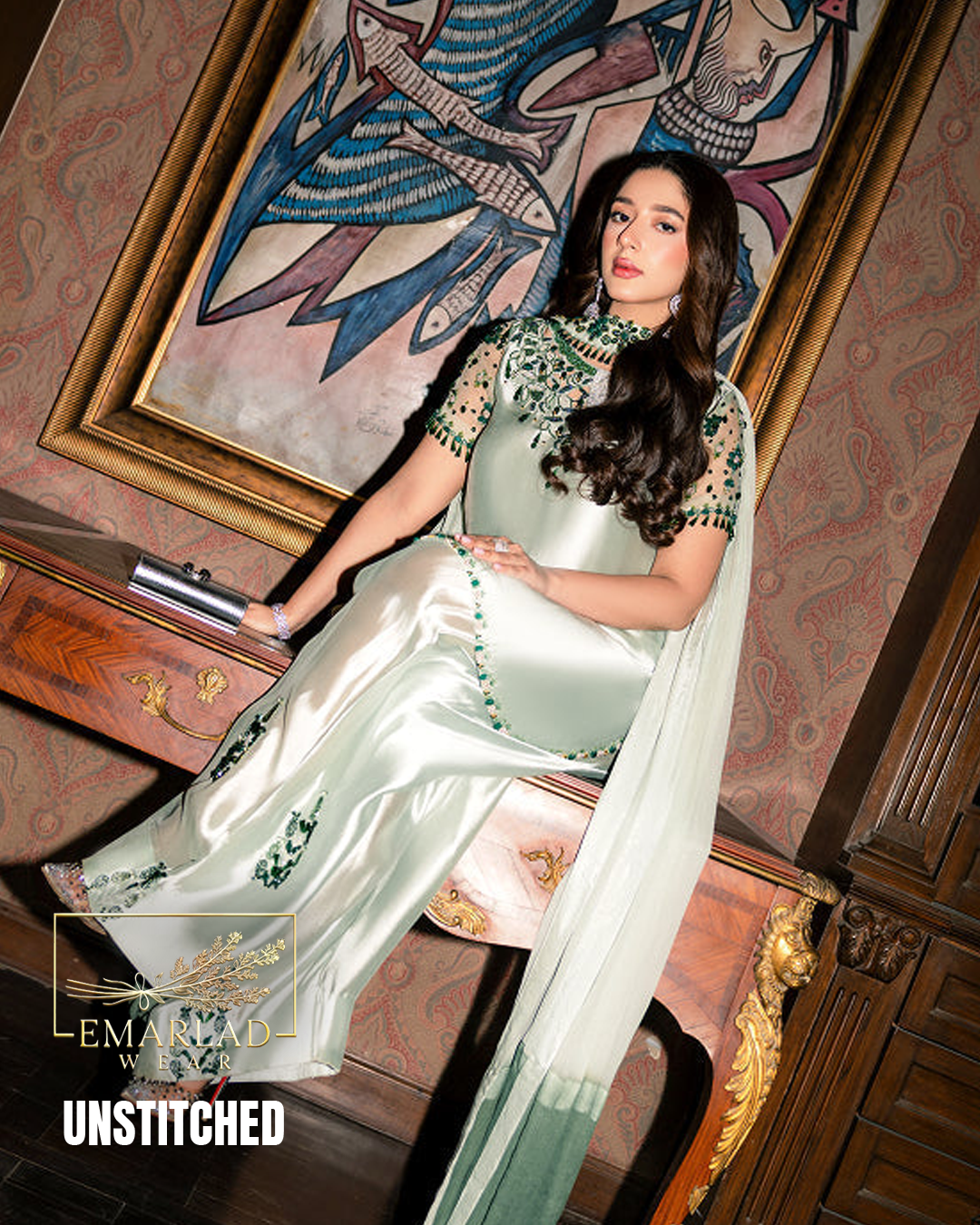 Emarladwear Ice Green Shamoze Silk Embroidered 3 Piece Suit