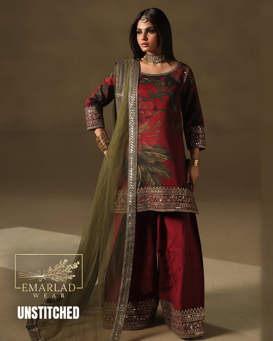 Charizma Fancy Organza Dupatta 3PC Unstitched Lawn – Mehroon | Premium Lawn 2026