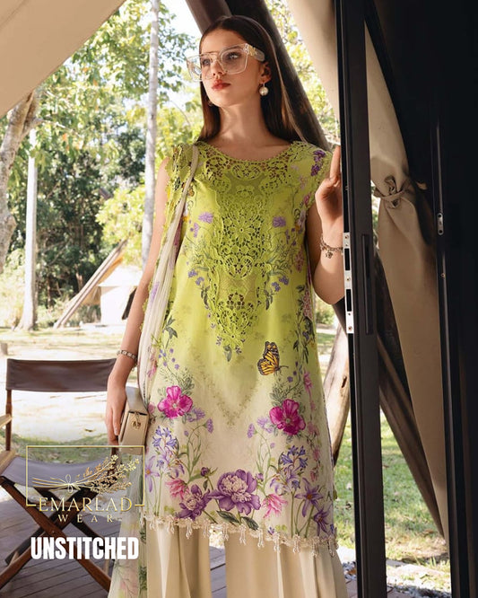 Maria B Neon Lemon 3 Piece Printed Lawn Chicken Kari Embroidered Suit with Chiffon Dupatta