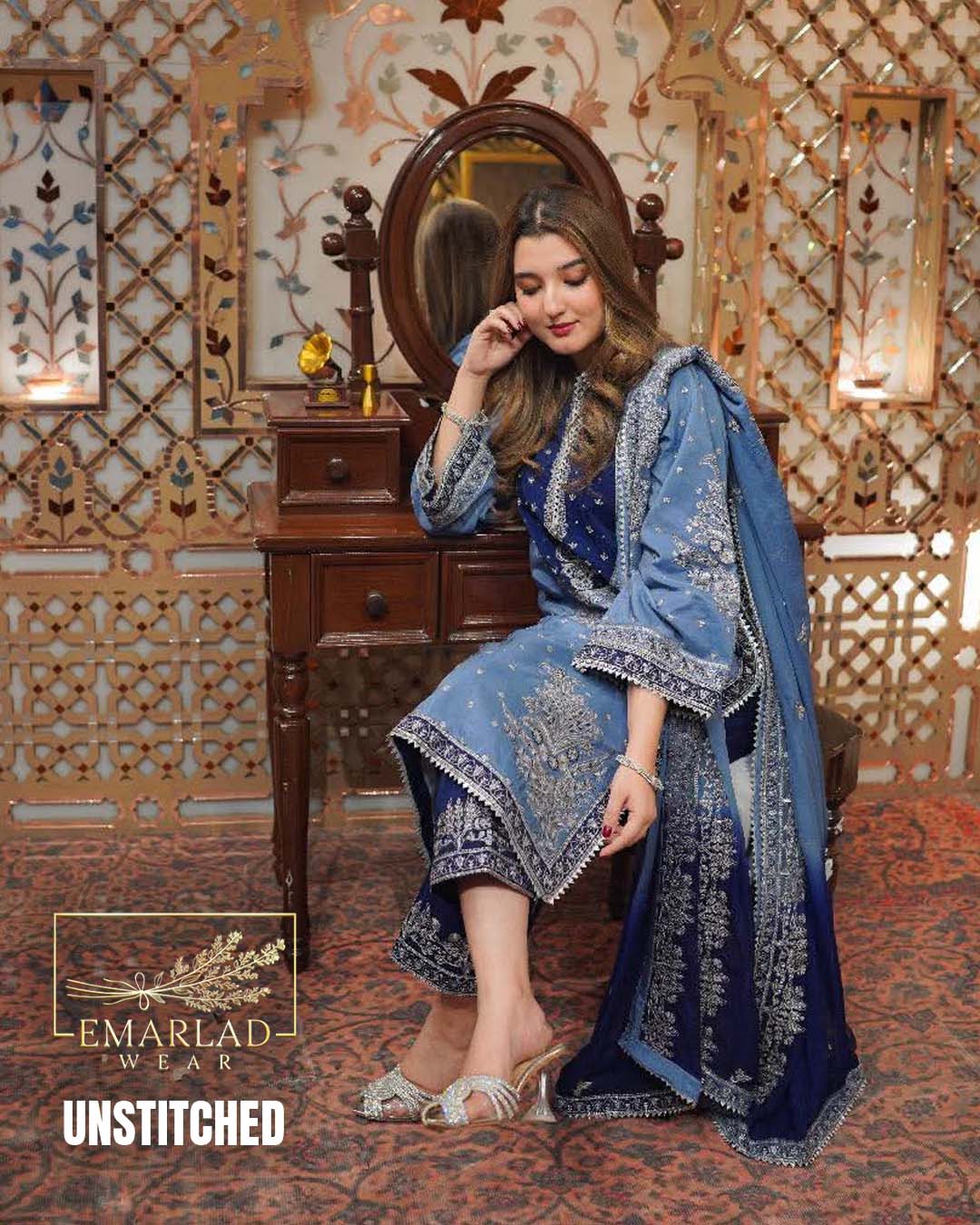 Aneelas Chiffon Embroidered 3 Piece Suit | Grey & Blue