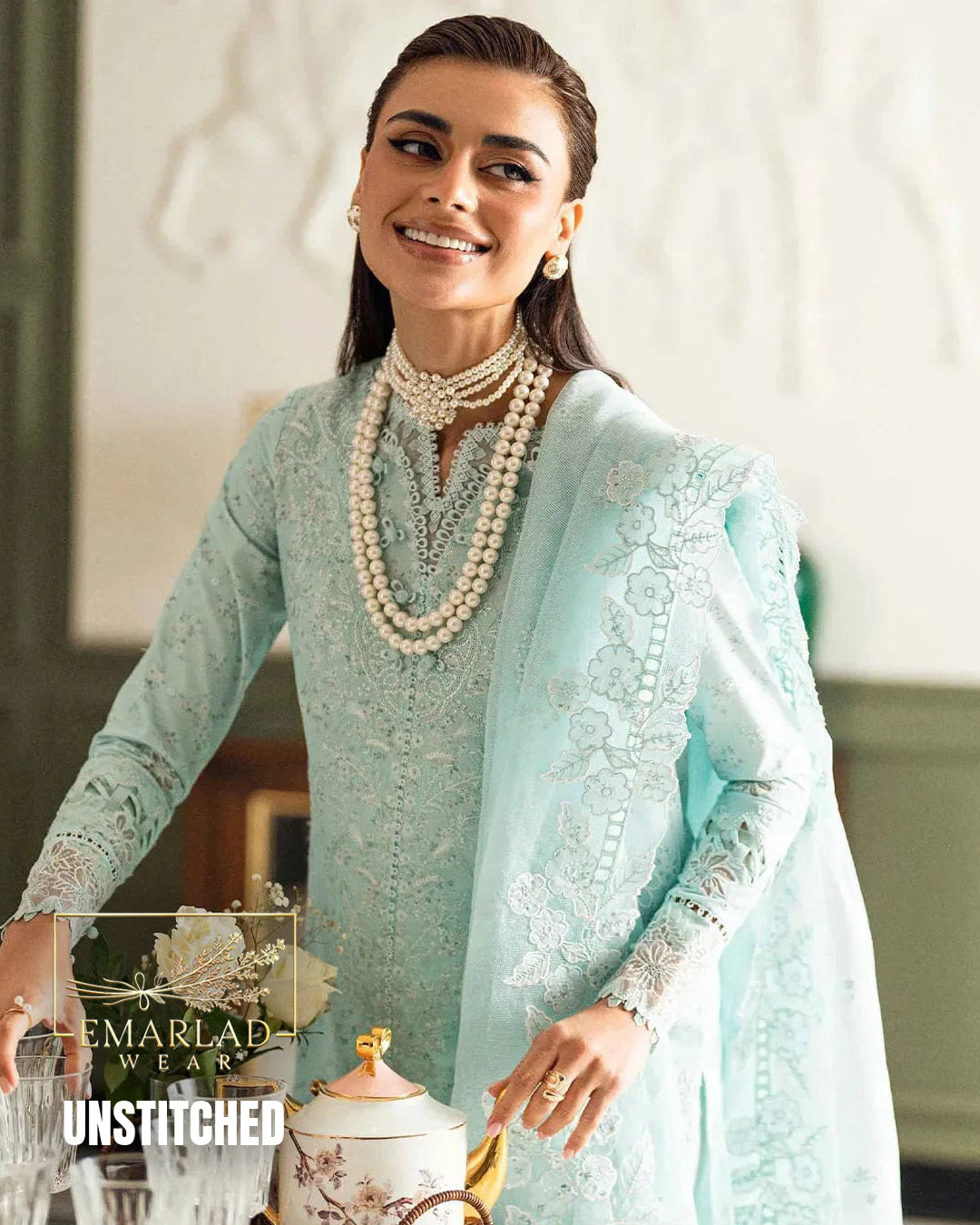 Qalamkar Aqua Printed Lawn Heavy Embroidered 3 Pc Suit | Dupatta fabric cotton net
