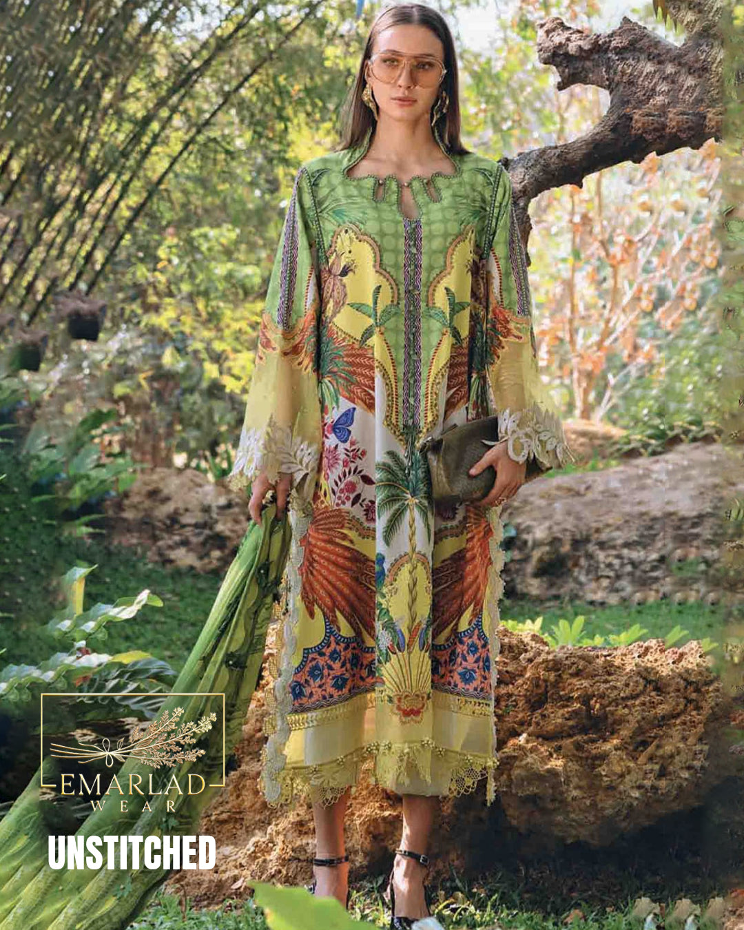 Maria B M Print Lawn Collection 2026 Safari Yellow 3PC Suit with Heavy Spengle Embroidery