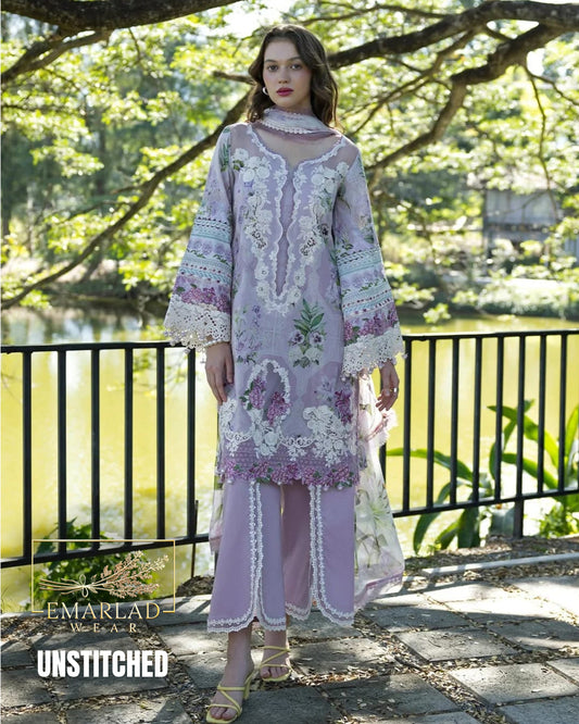 Elaaf Lawn Collection 2026 Lilac Purple 3 Piece Unstitched Embroidered Lawn Suit with Printed Chiffon Dupatta