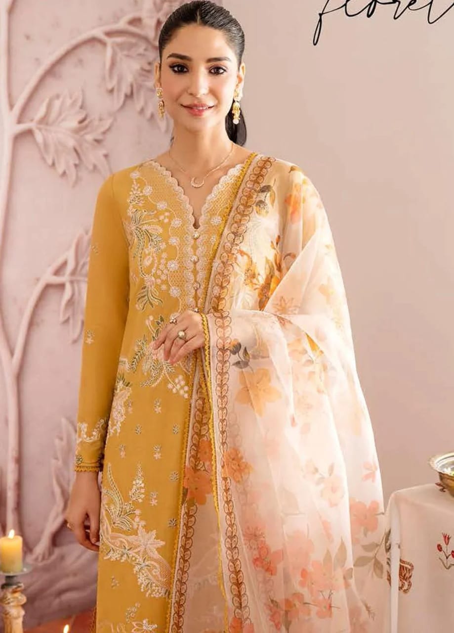 Cross Stitch Mustard Luxury Lawn Chikankari Embroidery Dress