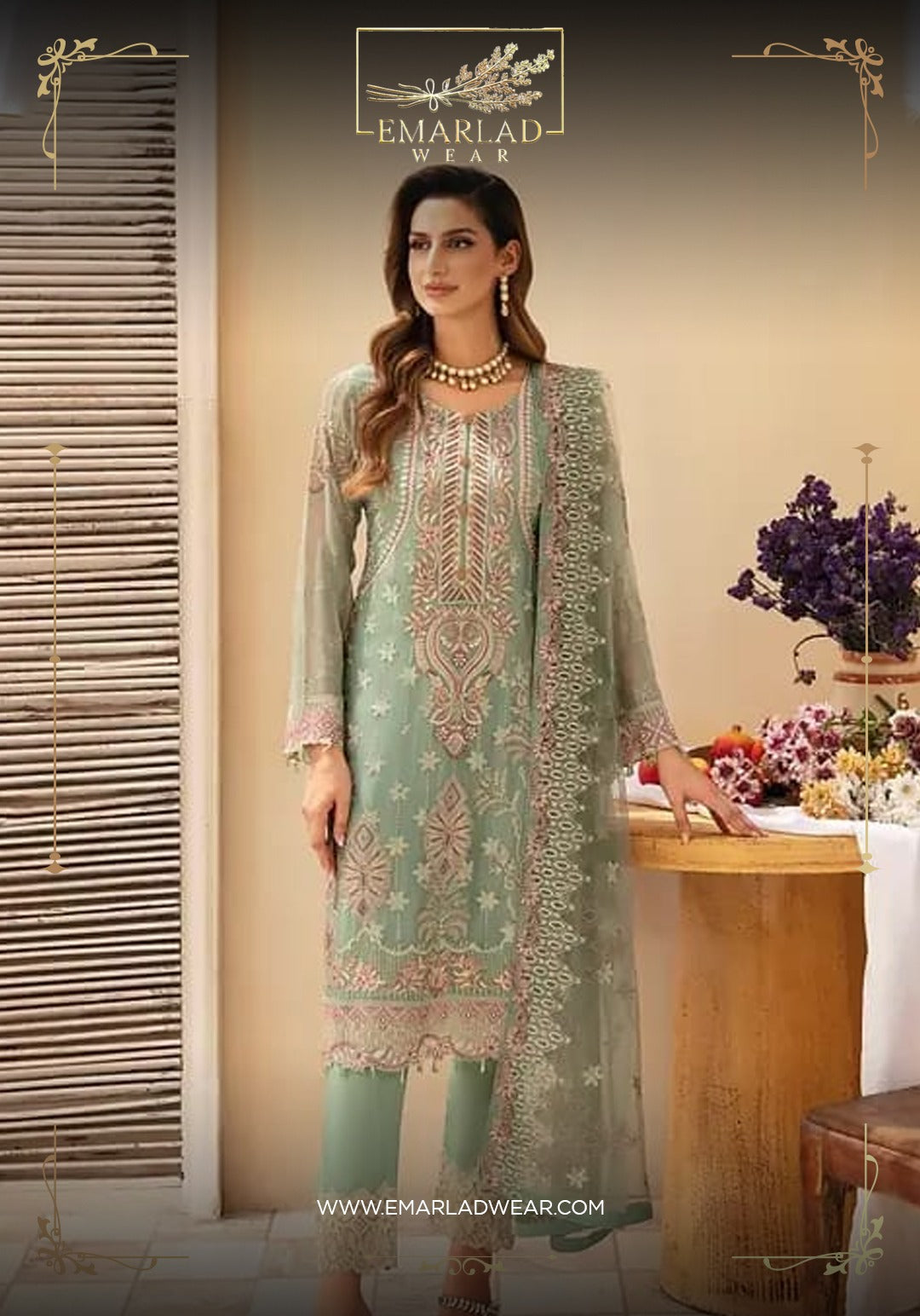 Ramsha Light Green Embroidery Formal Collection Chiffon Dress 3pc