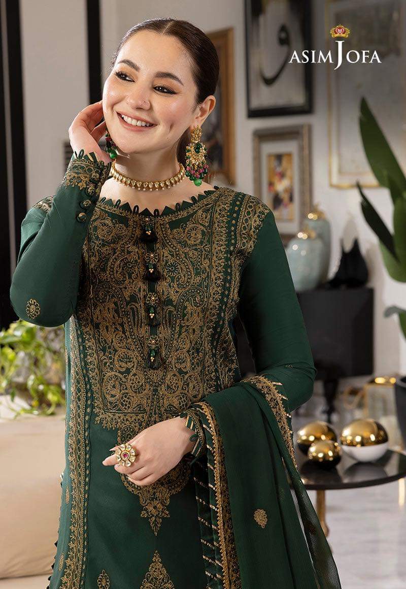Asim Jofa Embroidered Chiffon Bottle Green 3 piece suit