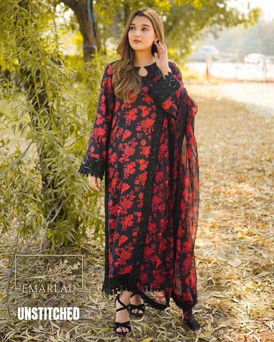 Aneelas Lawn Suit – Black & Red | Chiffon Embroidered Dupatta