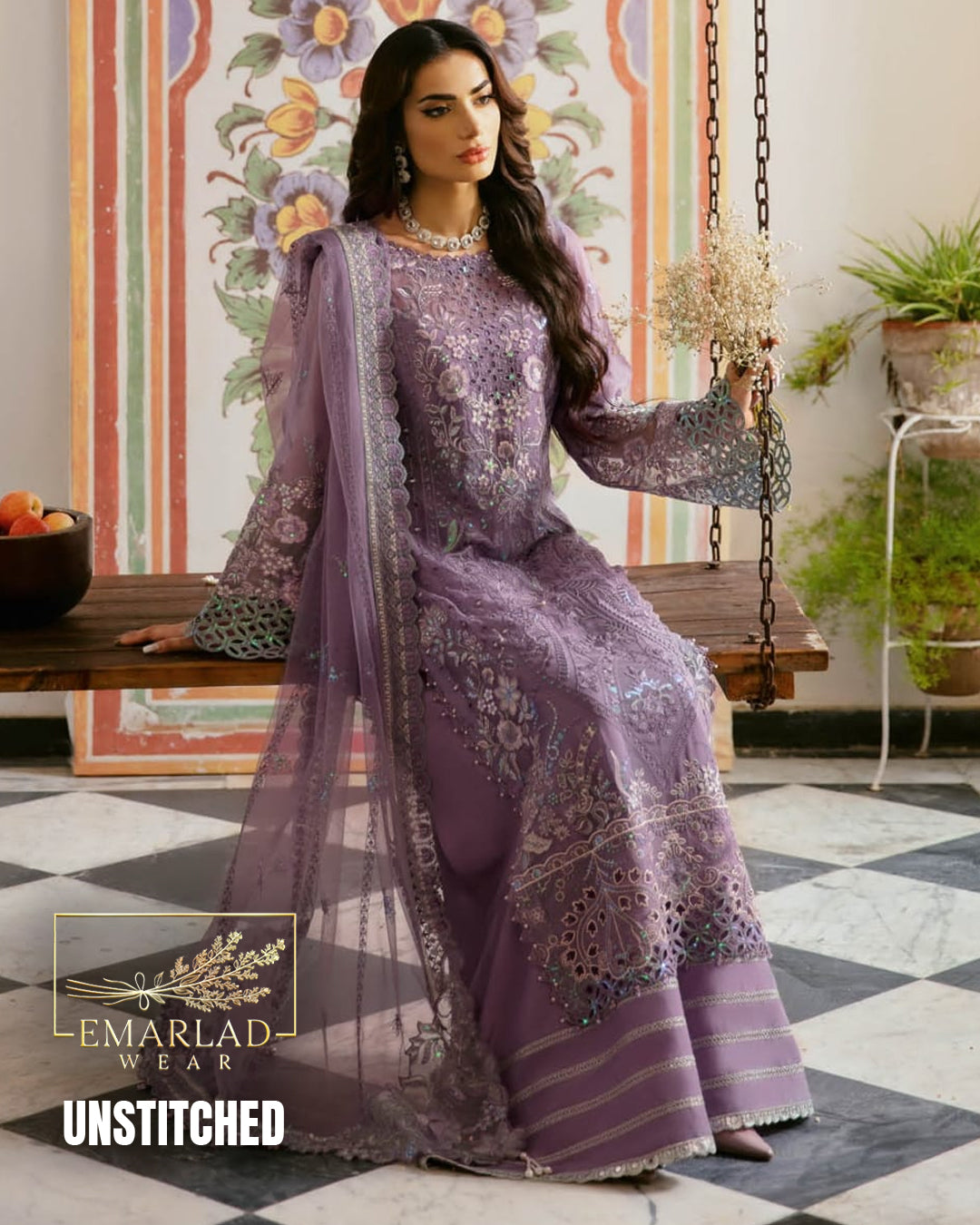Ramsha Unstitched Replica Chiffon Dress with Malai Trouser