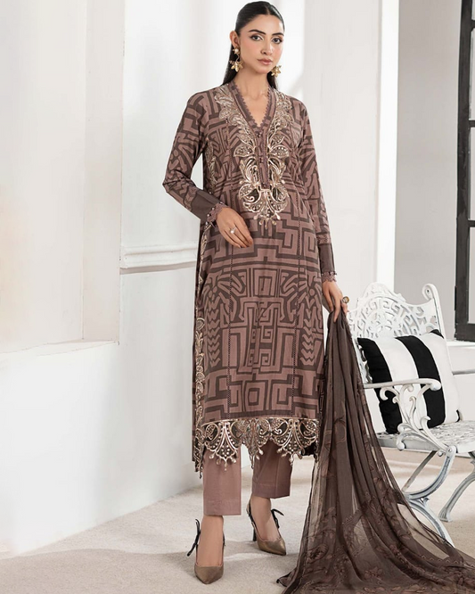 M.B Box Brown Lawn 3PC Suit – Chiffon Embroidered Dupatta