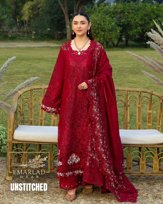 Rung Rasia Embroidered Luxury Lawn Unstitched 3Pc Suit RR NC 18 Red Buy Online in Pakistan