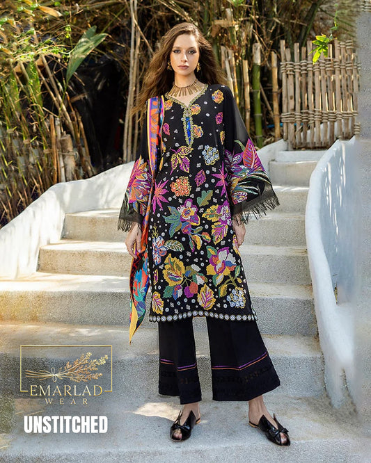 Mushq Black Lawn Collection 2026 – Cross Stitch Embroidered 3PC Suit with Digital Dupatta