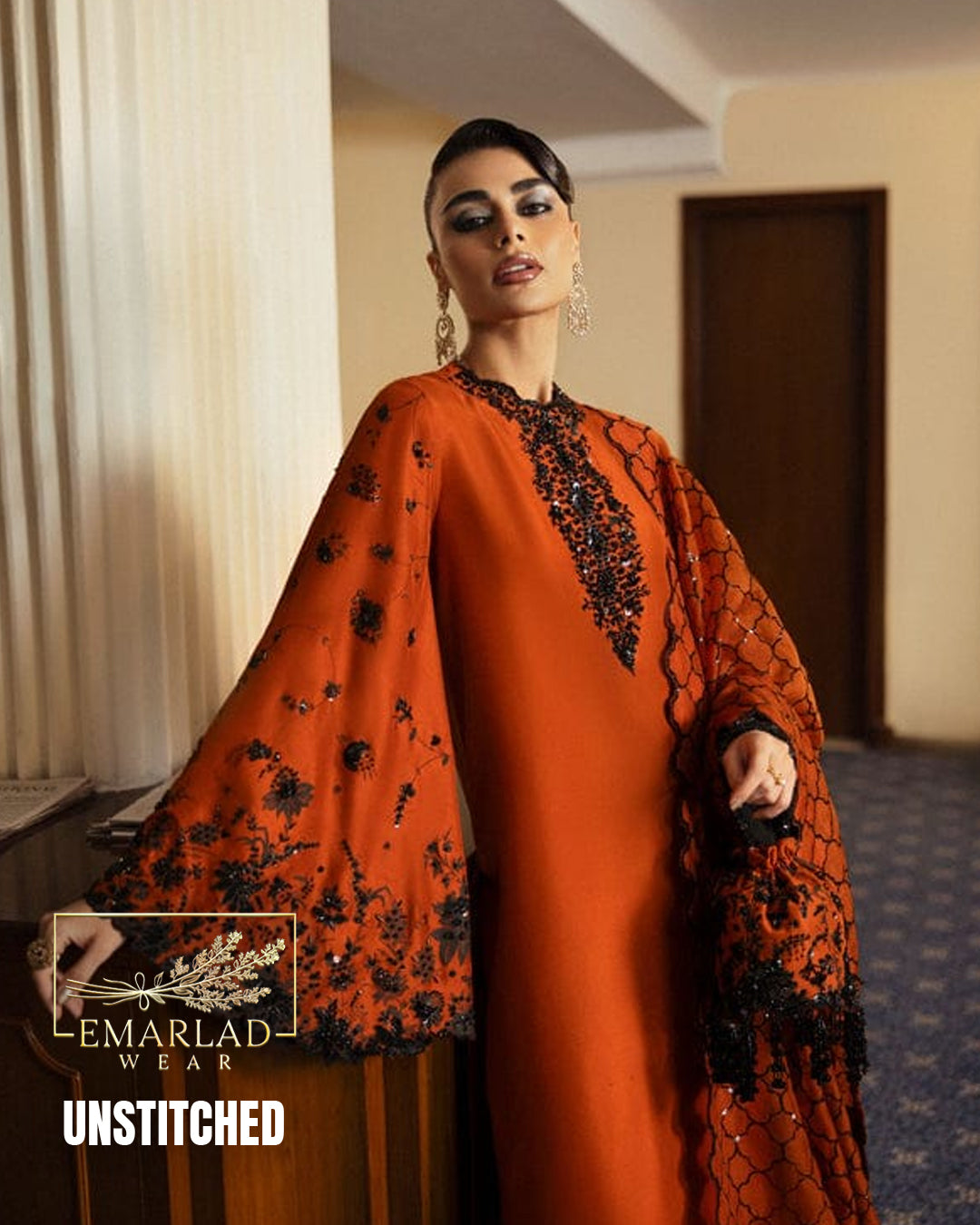 Hussain Rehar Rust Orange 3PC Unstitched Raw Silk Suit with Heavy Adda Work & Organza Dupatta