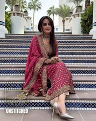 POSHKARI Semi Pure Chiffon Embroidered Suit – Shocking Pink