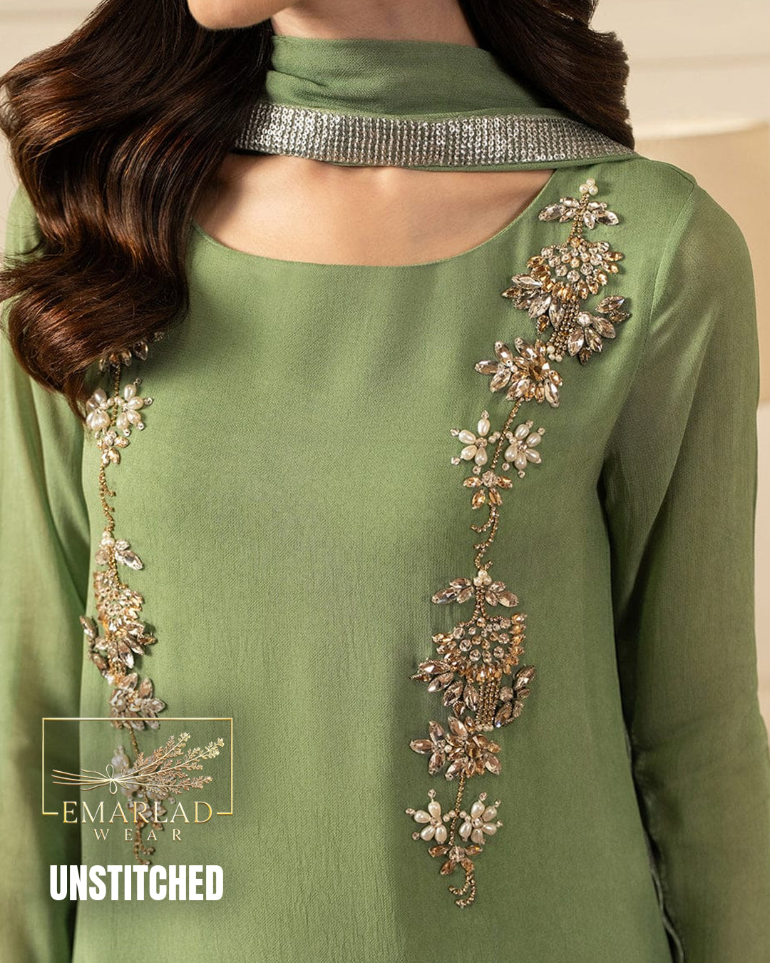Lulusar Pistachio Chiffon Formal Collection Replica – Premium Embroidered 3 Piece Suit
