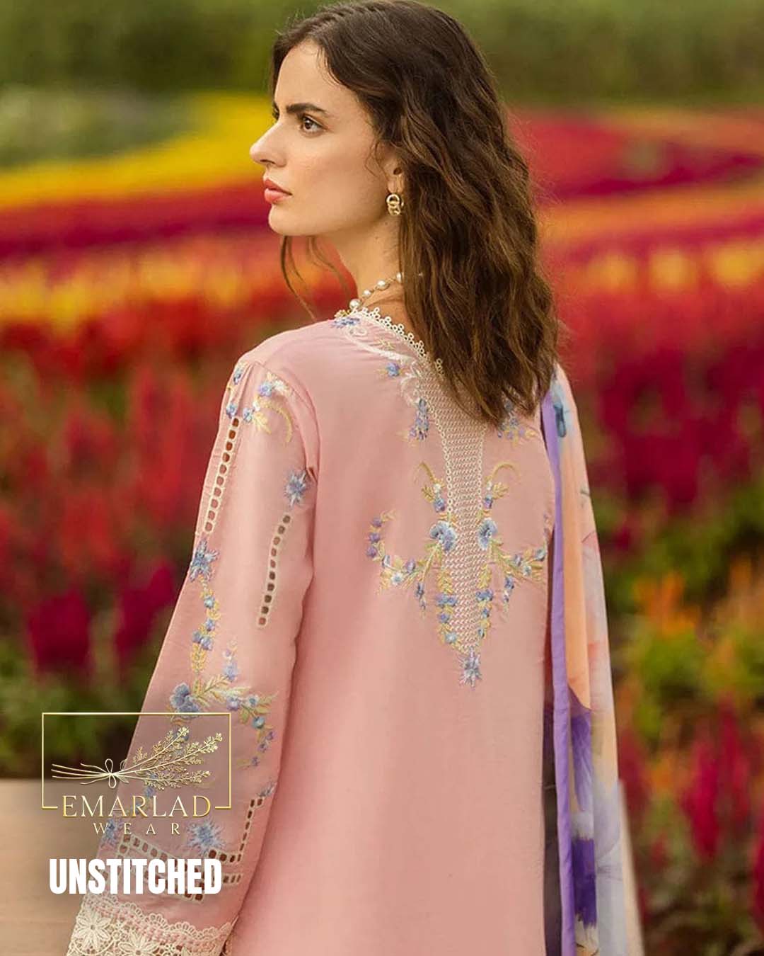 Mushq Peach Cotton Chicken Kari Suit with Semi-Pure Silk Dupatta