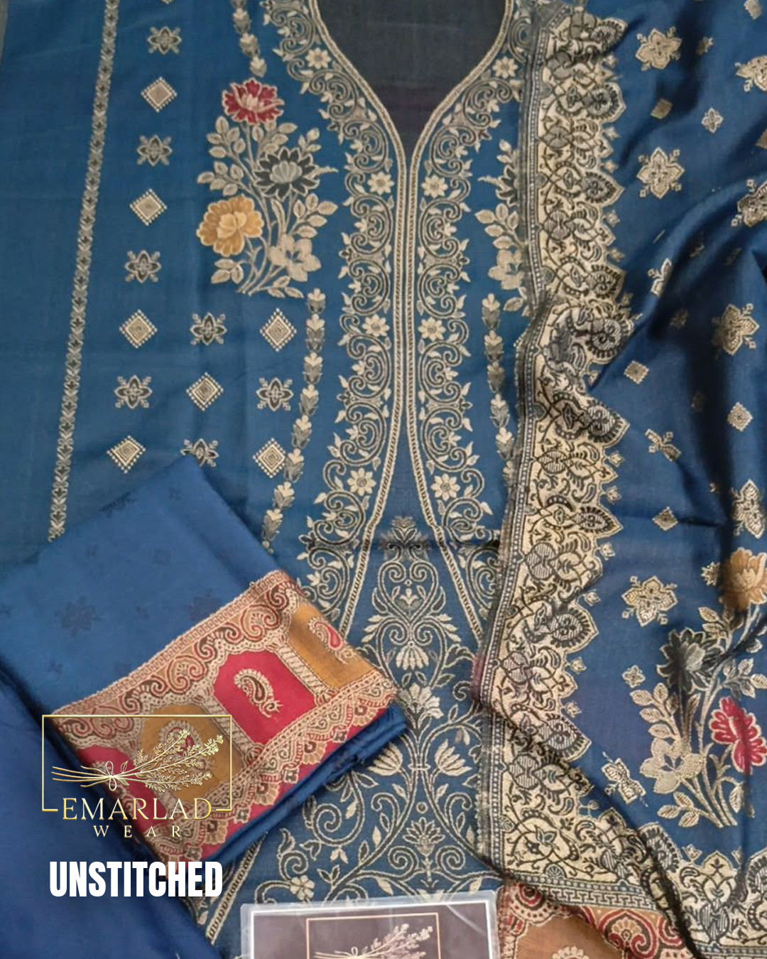 Navy Blue Pashmina Jacquard 3 Piece Winter Suit