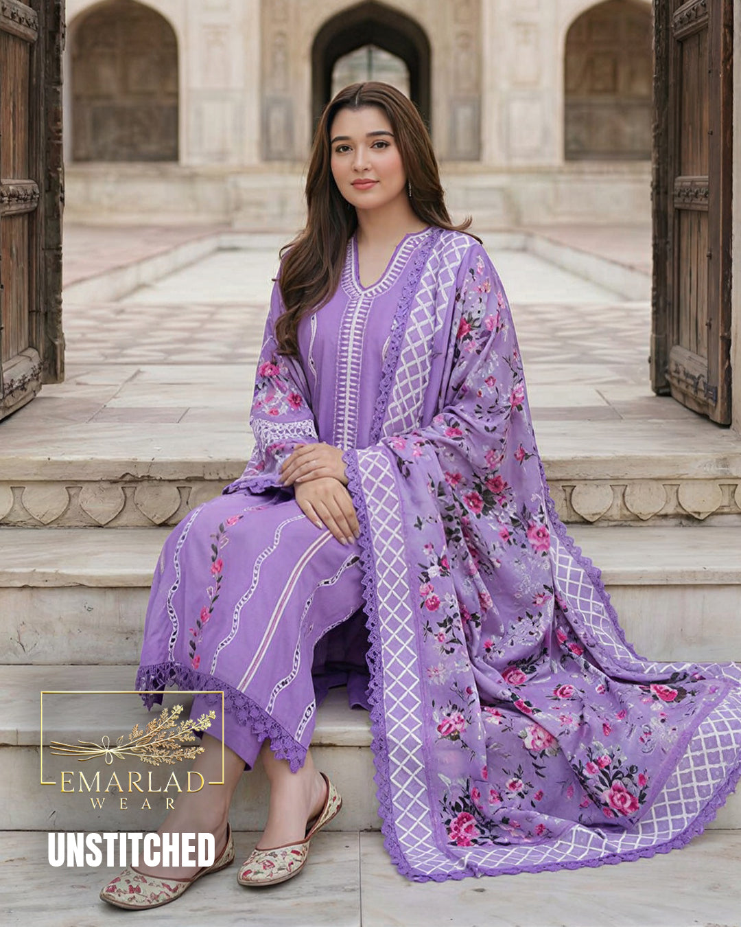 Aneela Chikenkari Noor Purple Unstitched 3 Piece Lawn Suit with Digital Silk Dupatta