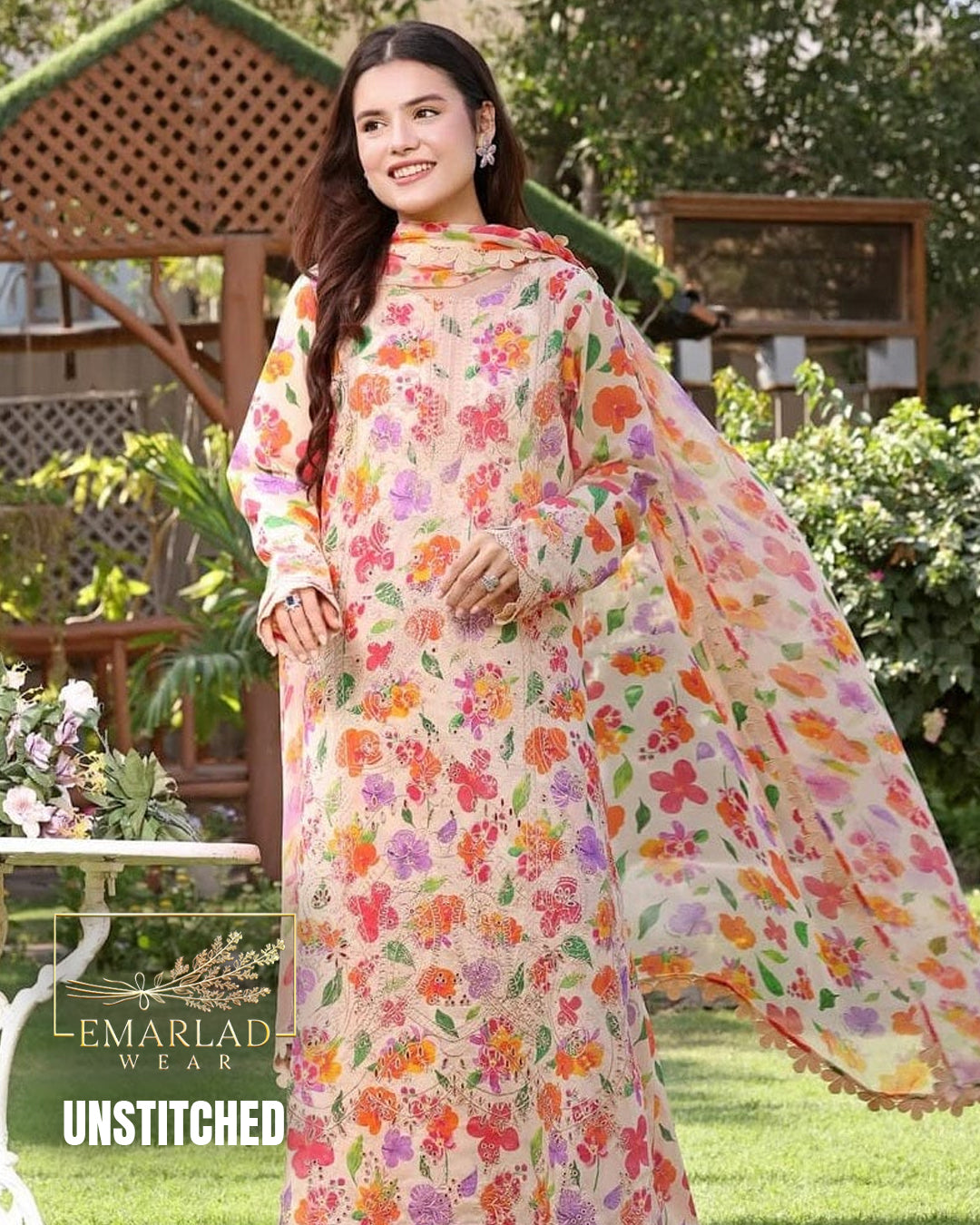Aneelas Lawn Printed Chicken Kari Embroidered Dress with Chiffon Dupatta Skin Orange Multi