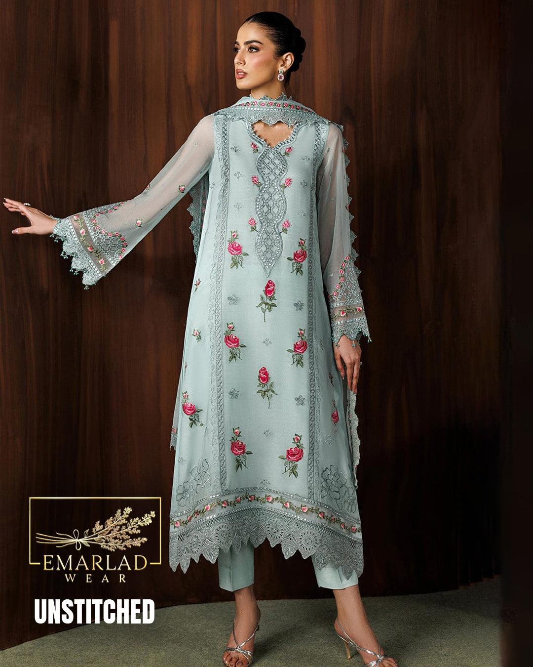 Baroque Sky Blue Chiffon Embroidered 3 Piece Suit