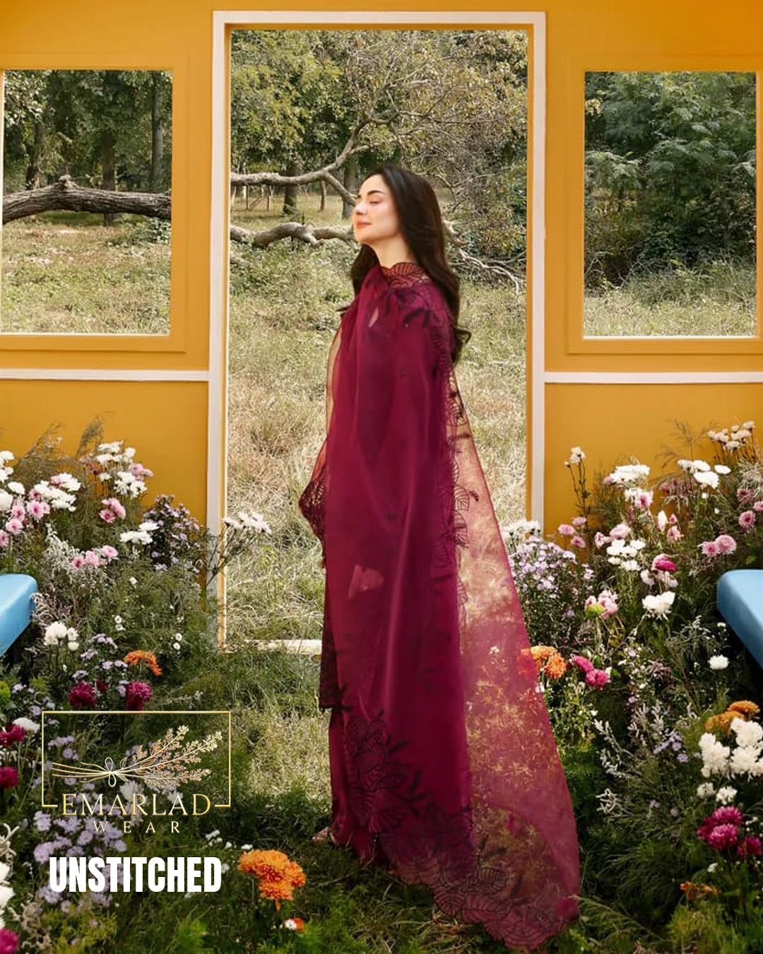 Rangreza Hania Amir Luxury Lawn Collection – Mehroon Heavy Embroidered Cotton 3PC Suit