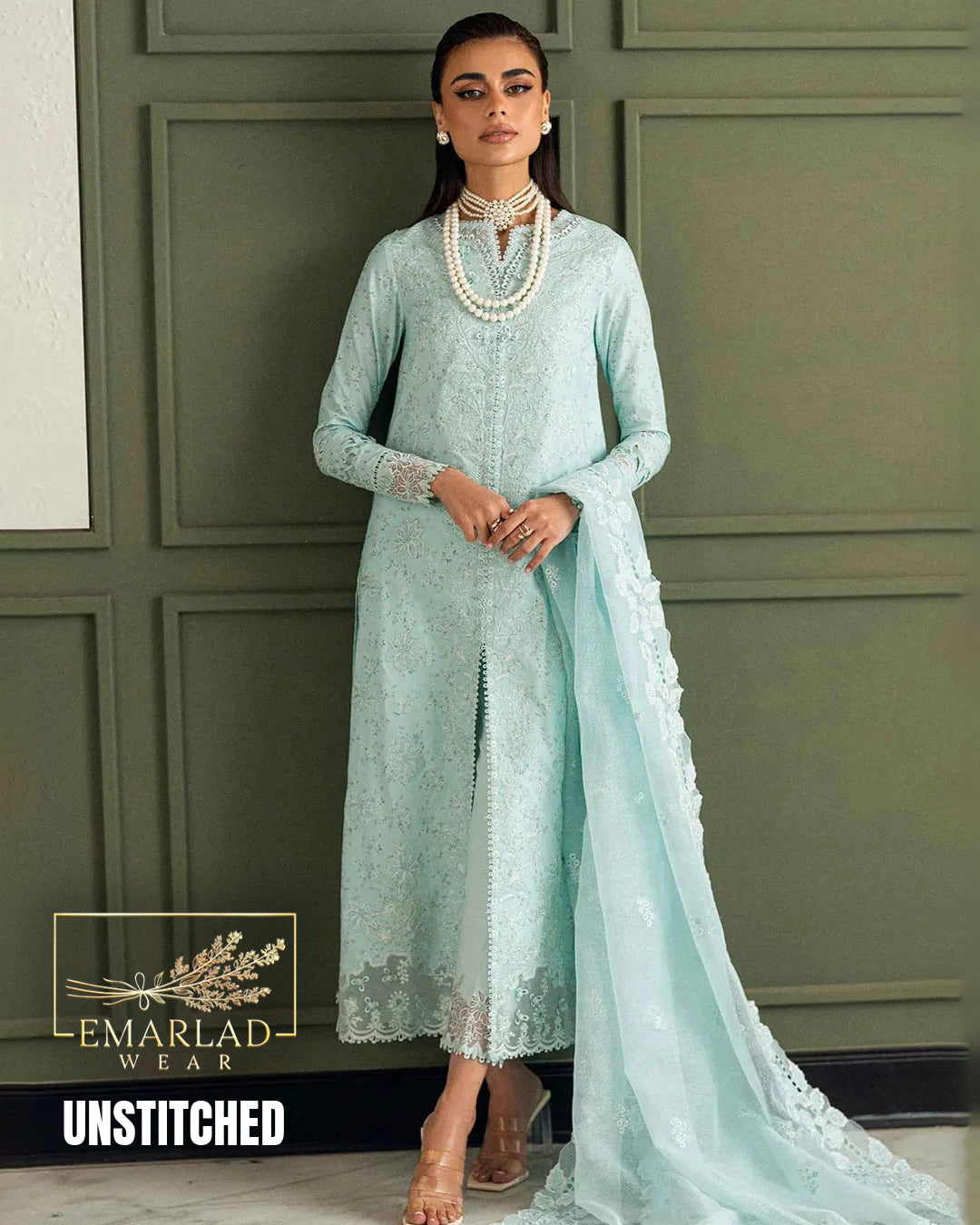 Qalamkar Aqua Printed Lawn Heavy Embroidered 3 Pc Suit | Dupatta fabric cotton net