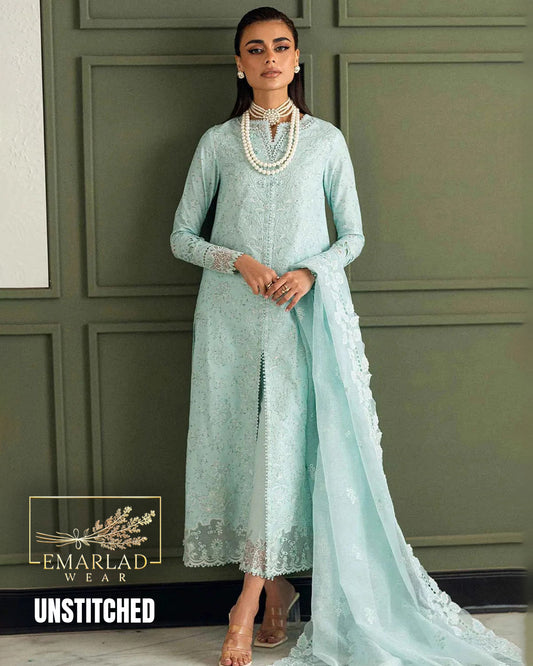 Qalamkar Aqua Printed Lawn Heavy Embroidered 3 Pc Suit | Chiffon Dupatta