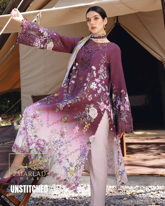 Maria B Tie & Dye Dark Purple 3 Piece Printed Lawn Chicken Kari Embroidered Suit with Chiffon Dupatta