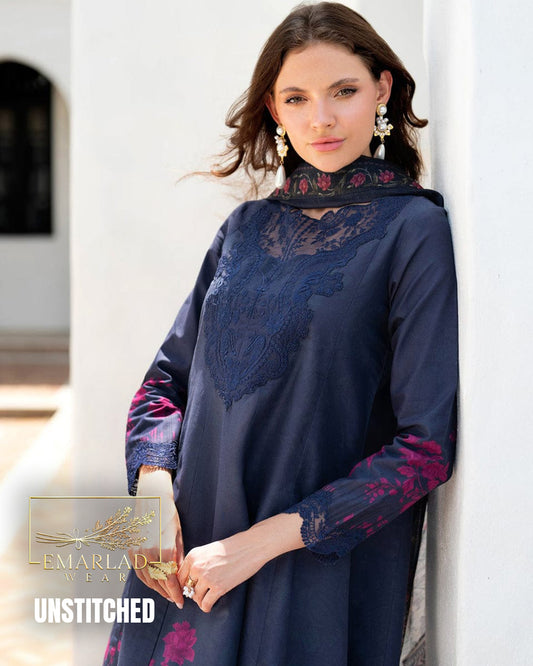 Iznik Navy Blue Embroidered Lawn Suit with Chiffon Printed Dupatta – 3 Piece