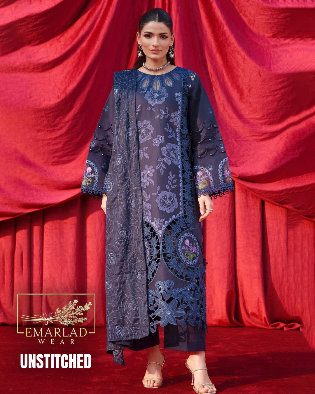 Parishay Luxury Lawn Collection Navy Blue Chicken Kari 3PC Suit – Premium Summer Dress