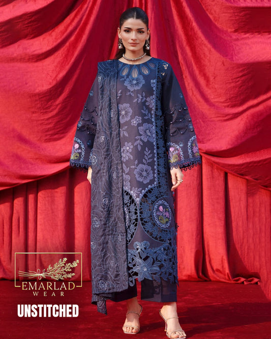 Parishay Luxury Lawn Collection Navy Blue Chicken Kari 3PC Suit – Premium Summer Dress